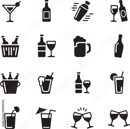 Beverage, bold, alcohol icons set. Vector illustrations