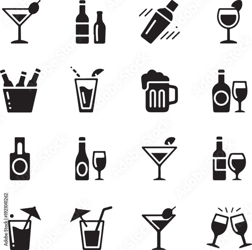 Beverage, bold, alcohol icons set. Vector illustrations
