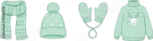 Set of Mint Green Winter Clothes Including Knit Scarf Pom Pom Hat Mittens and Reindeer Sweater Vector Illustration for Cold Weather