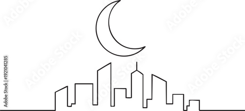 City skyline under the night sky with crescent moon shining brightly above the buildings