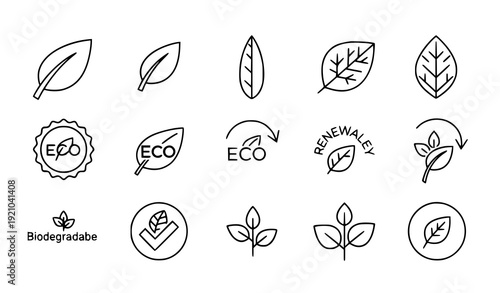 Botanical Leaf Outline Icons Eco Sustainability Editable Vector Pictogram Set
