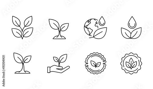 Minimal Leaf Line Icons Set Editable Stroke Nature and Ecology Vector Collection