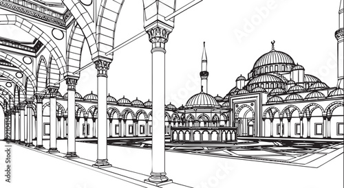 Historic building with dome surrounded by trees and streetlights in black and white sketch