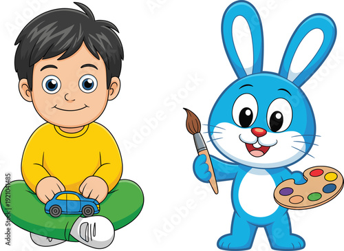Cartoon, child, rabbit, painting, toy car, creativity, playtime, art, brush, palette, smile, colorful, fun, cheerful, character, illustration, learning, imagination, sitting, anthropomorphic