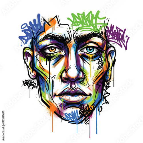 Vibrant Rainbow Portrait Painted in Dripping Graffiti Style.