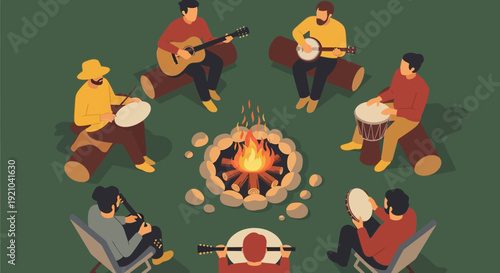 Group of People Playing Music Around Campfire.