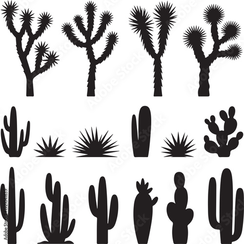 Big collection of black silhouettes of cacti, agaves, joshua tree, and prickly pear