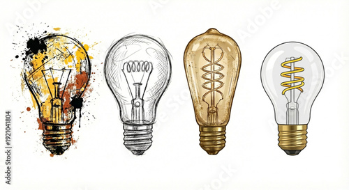 Diverse light bulb designs showcasing creativity and innovation from artistic sketches to modern LED technology