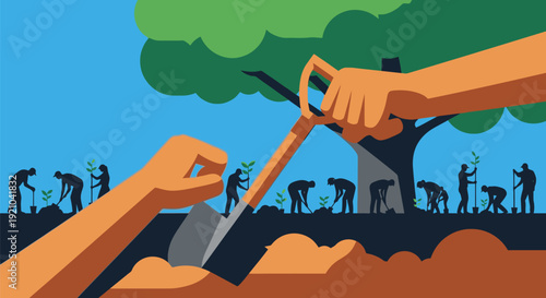 Hands Holding Tools for Tree Planting.