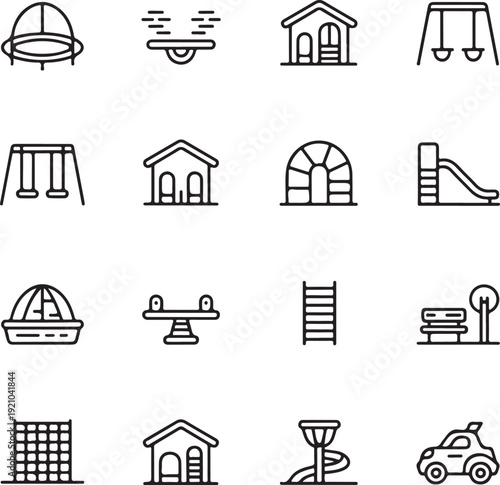 Big set of playground equipment thin line icons. Kid s swing, slide, sandbox, climber vector elements