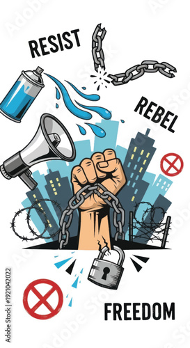Protest and resistance montage depicting freedom, rebellion, and social justice.