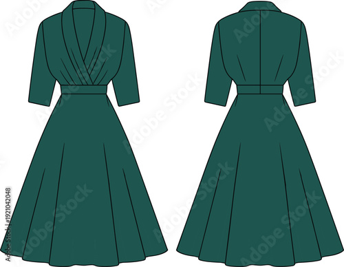 Elegant vintage wrap dress technical sketch, wide collar with belt waist, half sleeve full skirt silhouette, fashion cad drawing front back