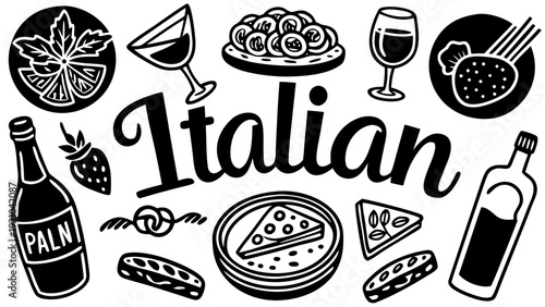 Italian food and drink assortment with pizza pasta wine oysters cheese lobster, italian food, pizza, pasta, wine, oysters, cheese, lobster, dessert, food illustration, culinary, dining, cuisine, black