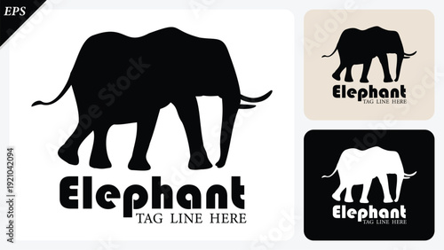 Elephant Silhouette icon wit logo text on white. Simple vector illustration, black big asian elephant, Walking big elephant strong power, Elephant sign and symbol logo icon closeup