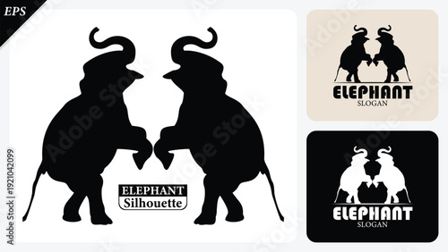 Elephant Silhouette icon wit logo text on white. Simple vector illustration, black big asian elephant, Walking big elephant strong power, Elephant sign and symbol logo icon closeup