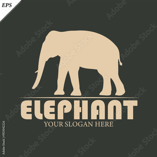 Elephant Silhouette icon wit logo text on white. Simple vector illustration, black big asian elephant, Walking big elephant strong power, Elephant sign and symbol logo icon closeup