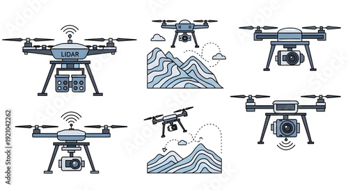 Drone and LIDAR Survey Over Mountains Illustration Set,  A set of flat vector illustrations showing various drones equipped with LIDAR, camera payloads, flying and performing surveys over mountainous