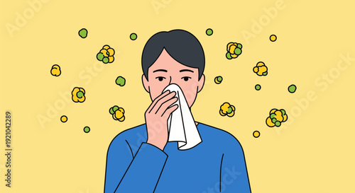 Man Blowing Nose with Germs Around.