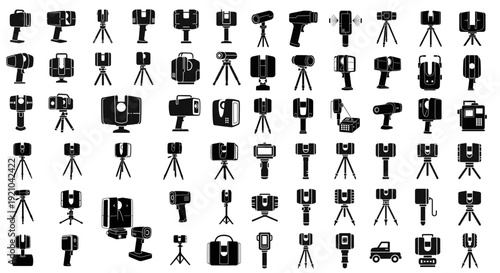 Set of Surveying and Mapping Equipment Silhouette Icons, representing various professional surveying, geodesy equipment, total stations, tripods, laser scanners, levels.