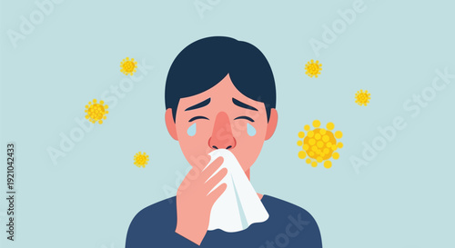 Man Sneezing with Tissue Illustration.
