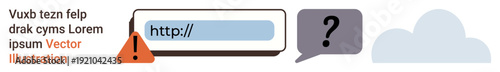 Cybersecurity, data protection, cloud computing, online safety, internet risks, digital troubleshooting. Warning sign near a browser URL bar with question mark and cloud icon. Cybersecurity and data