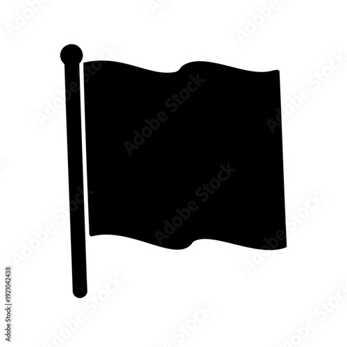 Simple solid black flag on a pole, waving on a white background