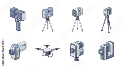 Isometric Terrestrial and Aerial 3D Scanning Devices Vector Icons, Isometric illustrations of modern 3D scanning devices, including terrestrial LiDAR scanners on tripods, a drone, handheld scanners