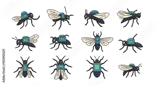 Cyborg Insects with Integrated Circuit Boards Icon Set, flies and beetles, modified with integrated circuit boards and electronic devices on their backs, representing cyborg technology. 