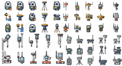 Land Surveying Tools, Equipment with Surveyor Vector Icons, Cartoon icon set featuring various land surveying instruments like total stations, GPS/GNSS receivers, drones, levels, surveying personnel