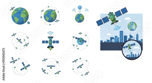 Flat Illustration of Satellites Orbiting Earth for Global Communication and Data,  A set of flat design illustrations showing satellites orbiting the globe, a single satellite, 