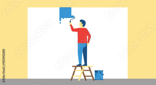 Man Painting Wall with Paint Roller.