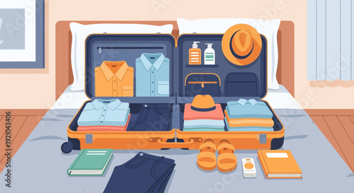 Open Suitcase with Clothes and Accessories.
