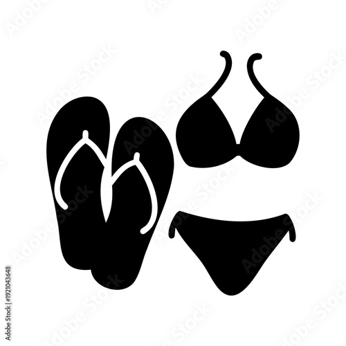 Summer Essentials Featuring a Bikini and Flip Flops in Black Silhouette