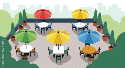 Outdoor Patio Furniture with Colored Umbrellas.
