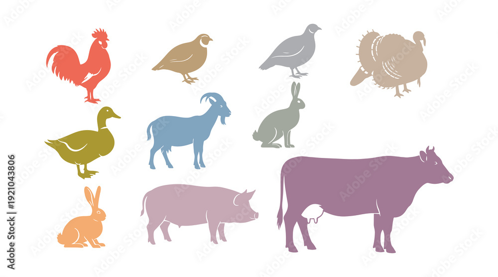 Obraz premium An icon set representing farm animals, including a rooster, quail, turkey, goat, duck, hare, pig, and cow, drawn in black on a beige background.