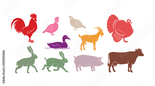 Icons of farm animals such as a rooster, quail, turkey, goat, duck, hare, pig, and cow, depicted in black on a beige surface.