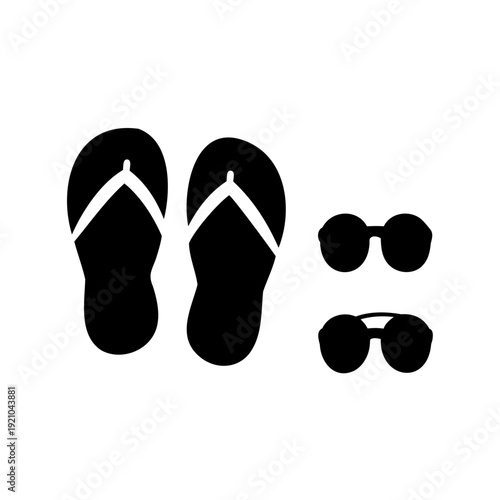 Black silhouettes of flip flops and sunglasses against a white background