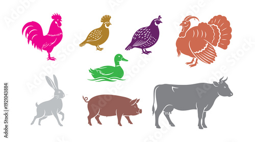 A collection of farm animal icons featuring a rooster, quail, turkey, goat, duck, hare, pig, and cow illustrated in black against a beige backdrop.