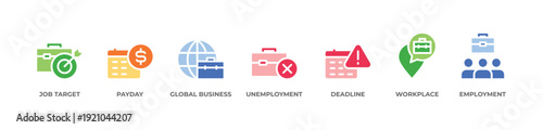 Career Pathways Icons set vector illustration glyph color with Job target, Payday, Global business, Unemployment, Deadline, Workplace, Employment