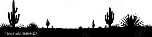 Arid desert landscape silhouette with saguaro cacti and agave plants
