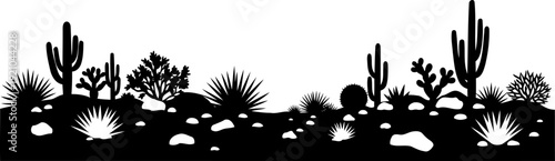 Arid desert landscape silhouette with various cacti