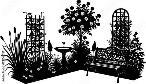 Backyard garden silhouette with birdbath and rose bushes