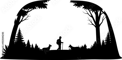 Backpacker hiking with dogs through a framed forest silhouette