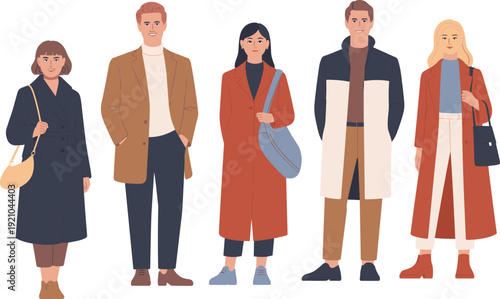 Silhouette people in stylish autumn winter outerwear, fashion clothing illustration, casual attire concept, seasonal outfit design, lifestyle representation