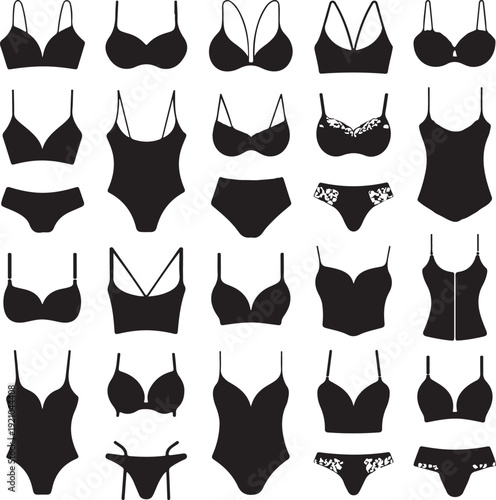Bra design and panties styles vector flat silhouette icons set. Female underwear pictogram collection. Lingerie fashion infographic elements. Woman wardrobe garments. Various clothes isolated symbols