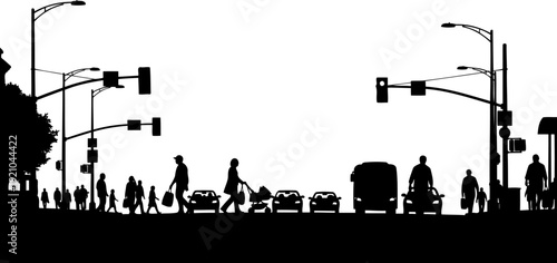 Busy city street silhouette with pedestrians and traffic