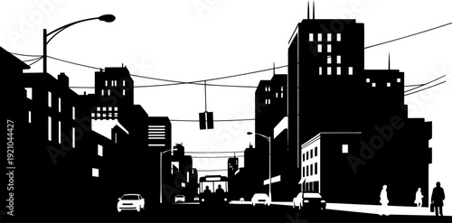 Busy urban street scene with buildings and traffic