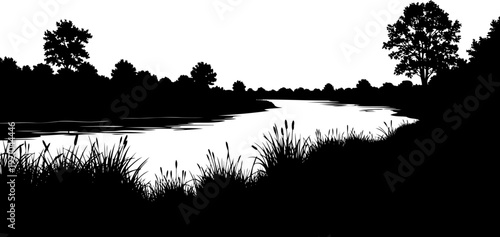 Calm river landscape with reeds and distant forest