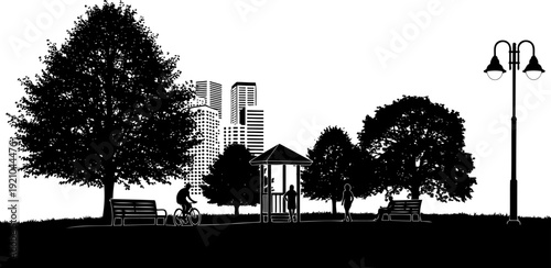 City park landscape with people and skyline silhouette