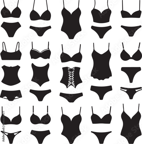 Bra design and panties styles vector flat silhouette icons set. Female underwear pictogram collection. Lingerie fashion infographic elements. Woman wardrobe garments. Various clothes isolated symbols